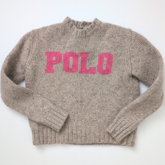 Polo Ralph Lauren Knit Sweater Girls 6 6X Tan Neutral Wool Blend Pink Spellout - Picture 2 of 8